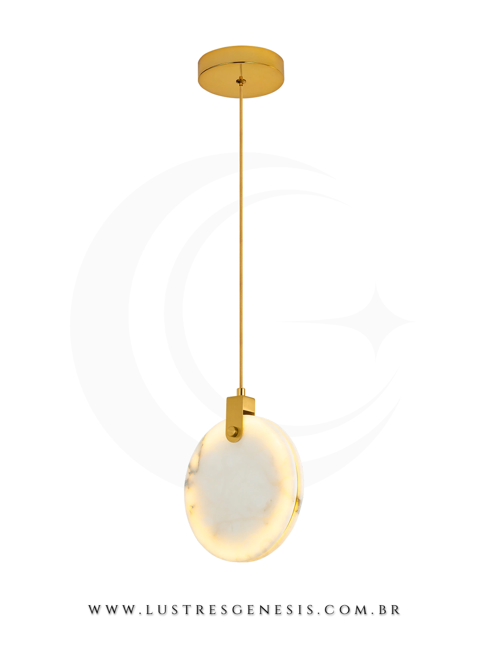 Pendente moderno de LED SuperLua dourado, com design circular e acabamento sofisticado, ideal para cabeceira de cama, balc&atilde;o de cozinha, quartos e lavabo.